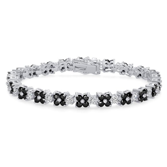 Silver 925 Rhodium Plated Black Onyx Cubic Zirconia Flower Bracelet